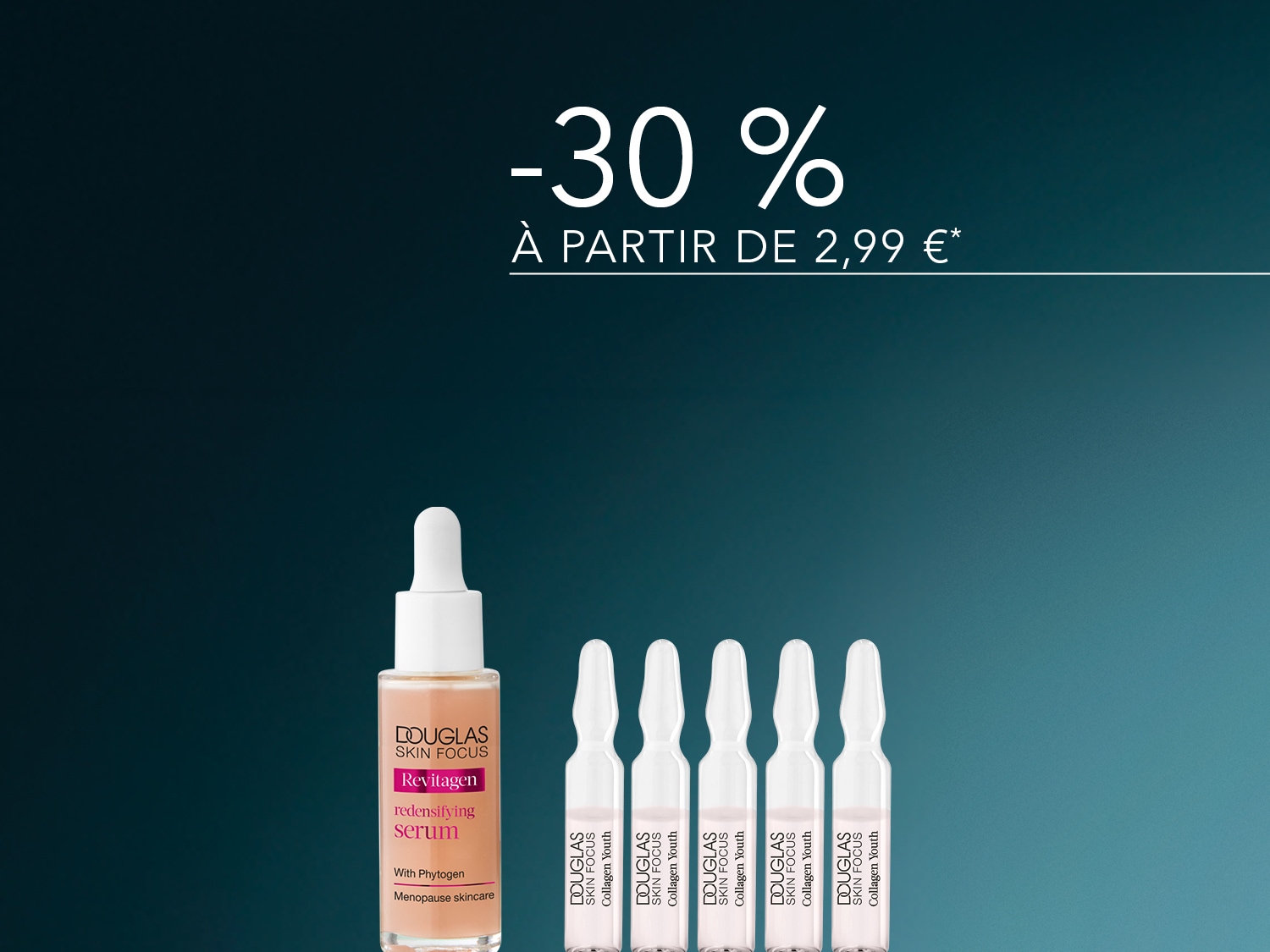 Découvrez le sérum redensifiant Revitagen de Douglas Skin Focus, un soin pour la ménopause avec phytogène, présenté dans un flacon compte-gouttes couleur pêche, et profitez de 30% de réduction à partir de 2,99 €.
