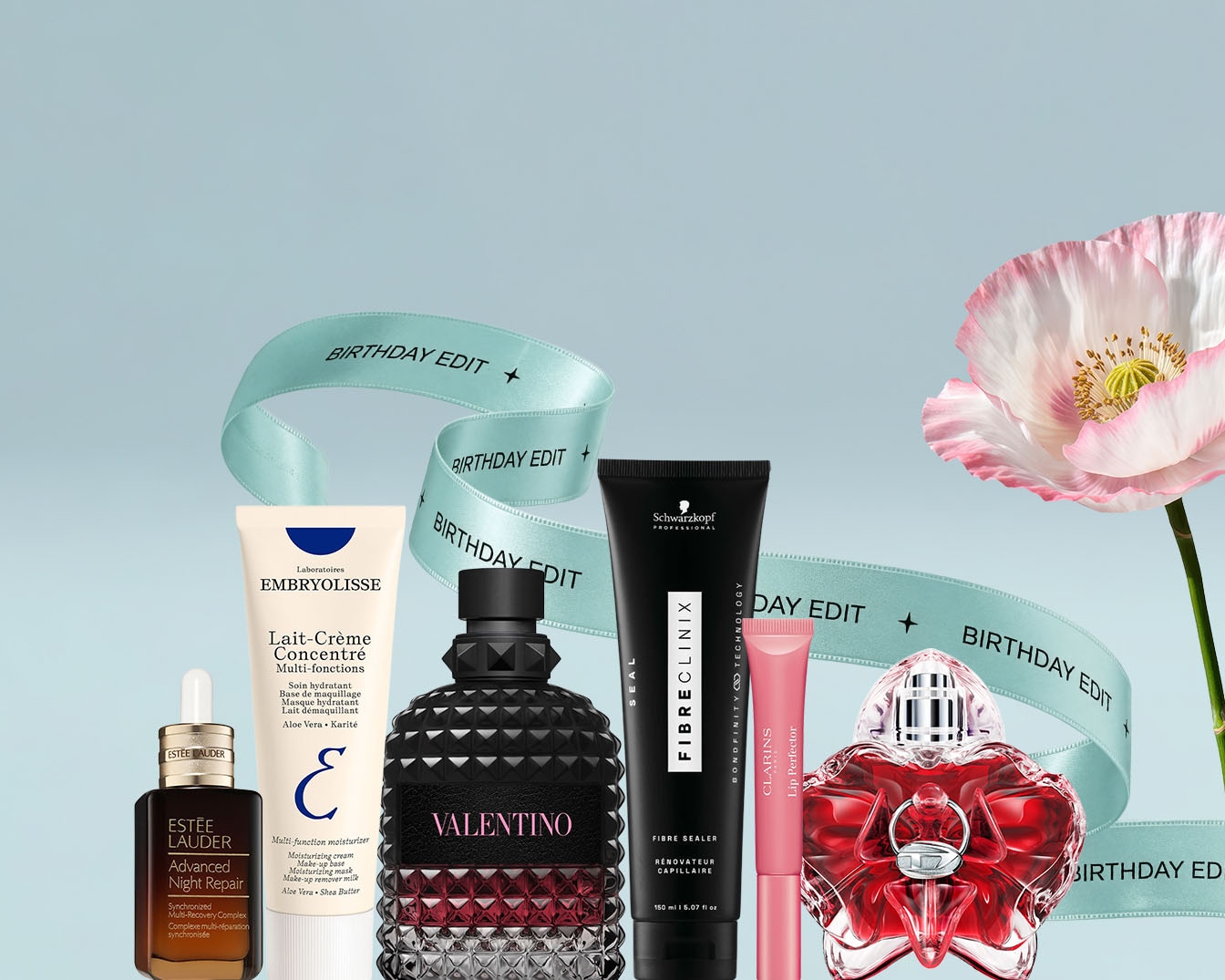 Odkryj luksusową pielęgnację z Estée Lauder Advanced Night Repair, Embryolisse Lait-Crème Concentré i zapachem Valentino, otoczone wstążką z napisem "BIRTHDAY EDIT".
