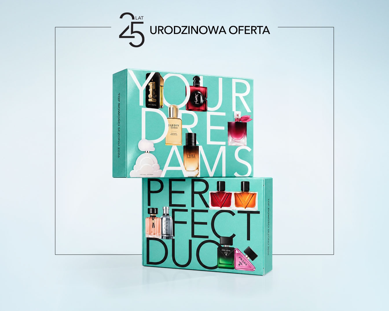 Odkryj urodzinową ofertę Douglas z dwoma turkusowymi pudełkami prezentowymi, zawierającymi miniaturowe perfumy od znanych marek, takich jak Paco Rabanne, Yves Saint Laurent, Ariana Grande i Prada.