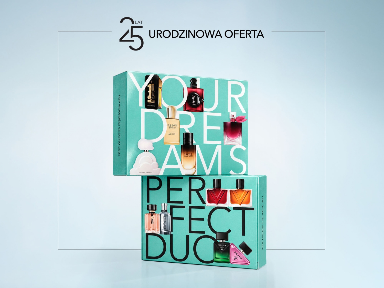 Odkryj urodzinową ofertę Douglas z dwoma zestawami perfum: YOUR DREAMS z sześcioma miniaturami zapachów i PERFECT DUO z czterema, prezentowanymi na tle jasnoniebieskiego gradientu.