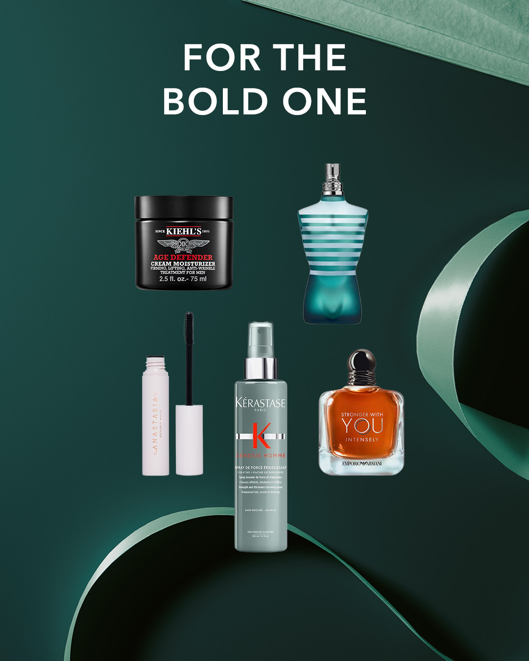 Entdecken Sie die "FOR THE BOLD ONE" Kollektion mit dem Kiehl's Age Defender Cream Moisturizer in einem schwarzen Tiegel, dem Jean Paul Gaultier Le Male Parfum in einem blau-weiß gestreiften Flakon, der Anastasia Beverly Hills Mascara in einem weißen Fläschchen, dem Kérastase Genesis Homme Spray in einer grauen Sprühflasche und dem Emporio Armani Stronger With You Intensely Parfum in einem bernsteinfarbenen Flakon.