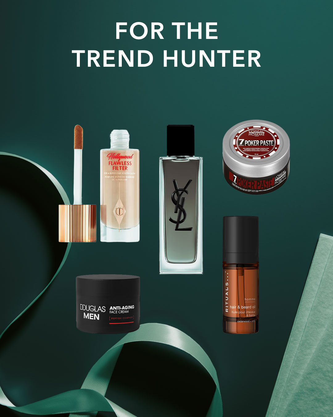 Entdecken Sie die neuesten Trends für den modernen Mann mit einer Auswahl an Pflegeprodukten, darunter Charlotte Tilbury Hollywood Flawless Filter, Yves Saint Laurent Y Eau de Parfum, L'Oréal Homme Poker Paste, Douglas Men Anti-Aging Gesichtscreme und Rituals Homme Haar- & Bartöl.