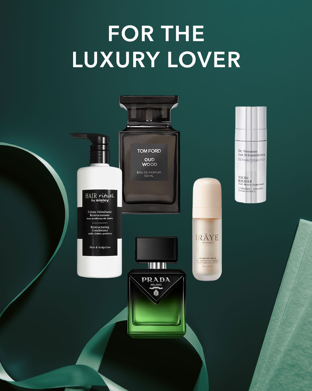 Entdecken Sie luxuriöse Geschenke für den anspruchsvollen Geschmack, darunter den Tom Ford Oud Wood Eau de Parfum und den Prada Milano Duft, die auf einem dunkelgrünen Hintergrund mit einem Geschenkband präsentiert werden.