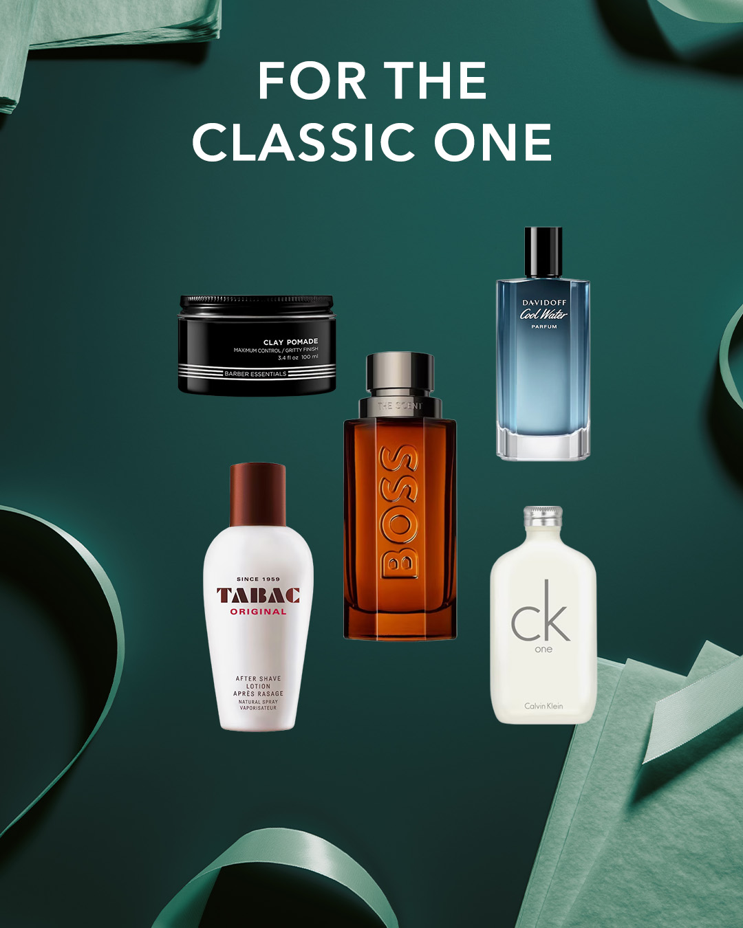 Entdecken Sie die Kollektion "FOR THE CLASSIC ONE" mit fünf ikonischen Produkten: Barber Essentials Clay Pomade, Davidoff Cool Water Parfum, Hugo Boss The Scent, Tabac Original After Shave Lotion und Calvin Klein CK One.