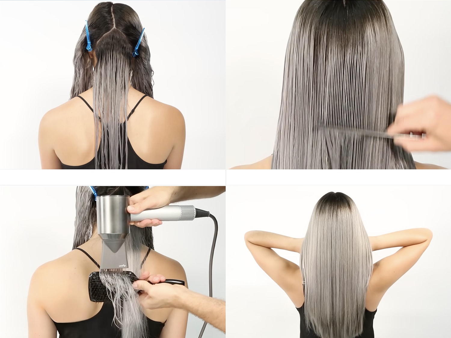 Een vrouw met lang, grijs haar, vastgezet met blauwe clips, toont de voorbereiding voor het stylen.