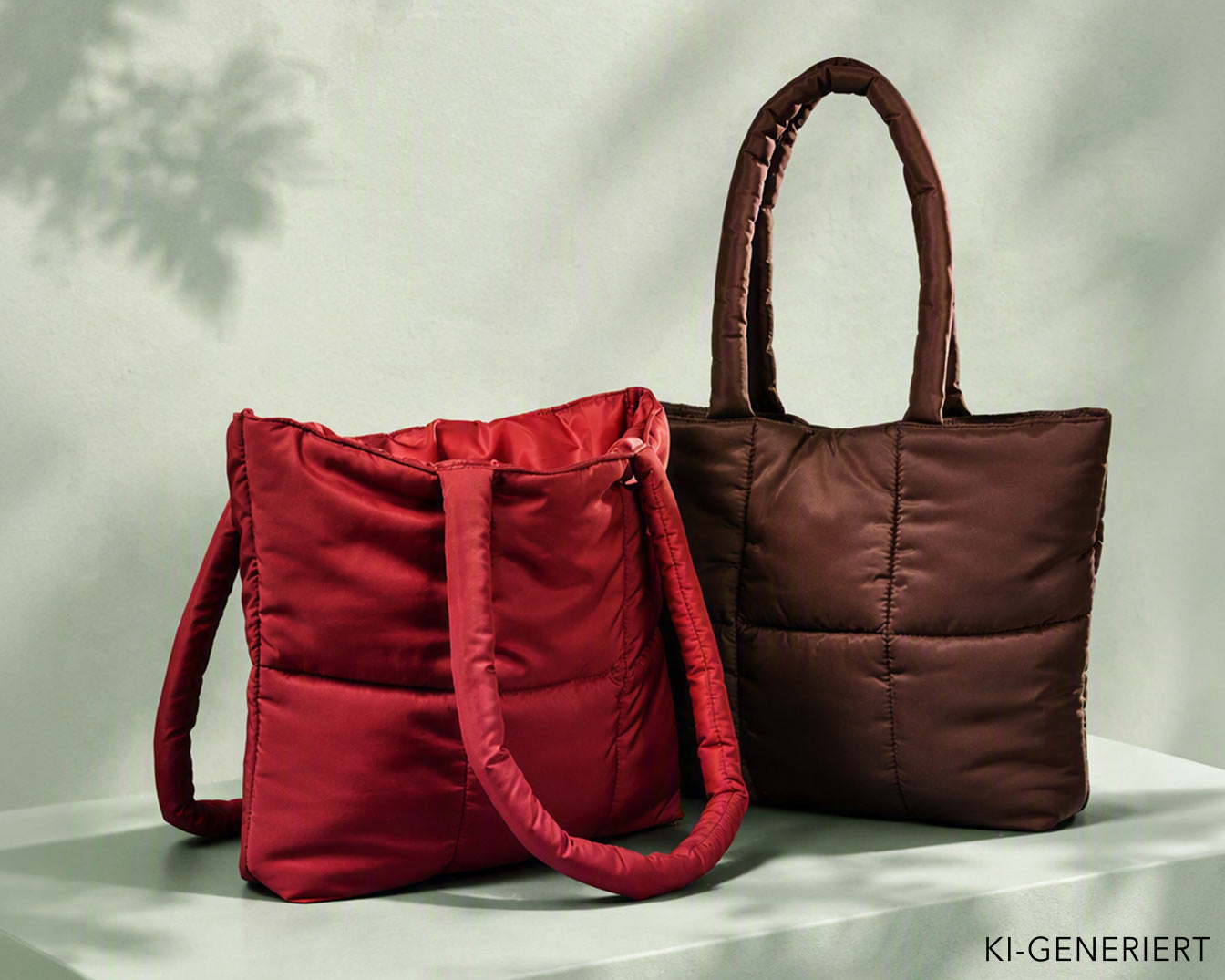 Zwei gesteppte Tragetaschen, eine in leuchtendem Rot und die andere in tiefem Braun, stehen nebeneinander und präsentieren ihre weiche Textur und geräumige Form.