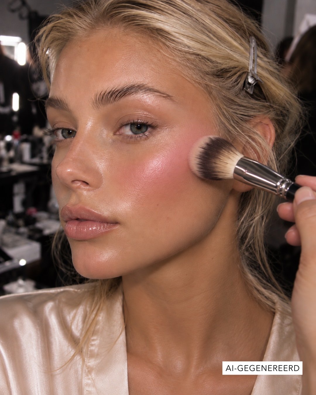 Een close-up van een vrouw met blond haar die roze blush op haar wang aanbrengt met een make-upkwast, wat haar huid een stralende gloed geeft.