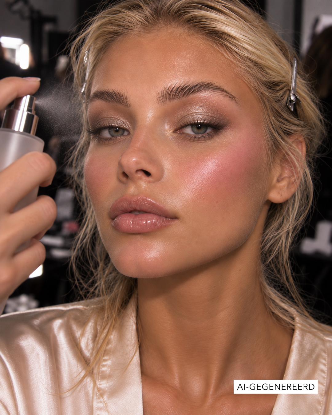 Een vrouw met blond haar en een glanzende make-up look, inclusief roze blush en glanzende lippen, spuit een fijne nevel van een matte, doorzichtige fles op haar gezicht.