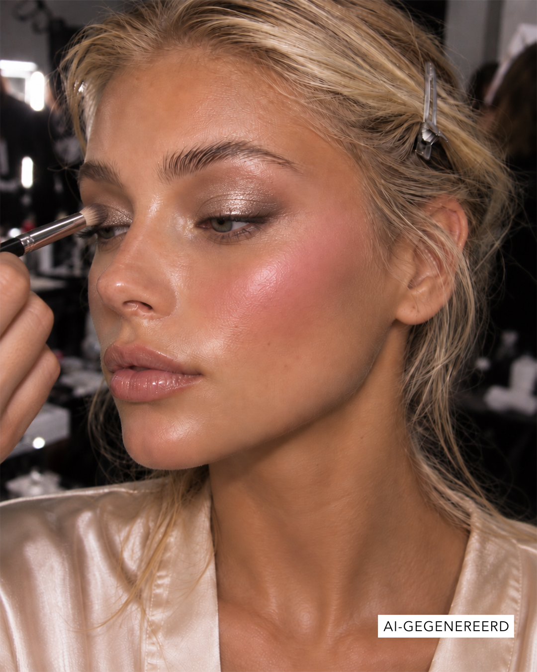 Een visagist brengt glinsterende oogschaduw aan op het ooglid van een vrouw, die een natuurlijke make-uplook draagt met roze blush en glanzende lippen.