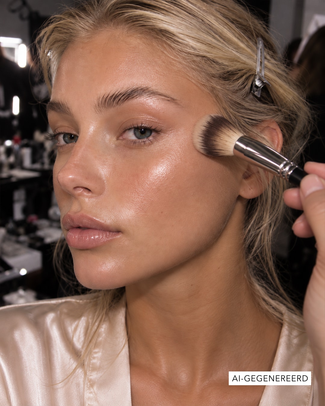 Een vrouw met blond haar en een glanzende huid krijgt make-up aangebracht op haar wang met een zachte kwast, wat haar natuurlijke schoonheid accentueert.