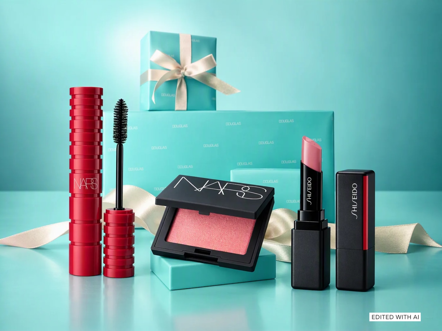 Scopri una selezione esclusiva di prodotti di bellezza tra cui mascara NARS rosso, blush in polvere e rossetto Shiseido rosa su sfondo turchese.