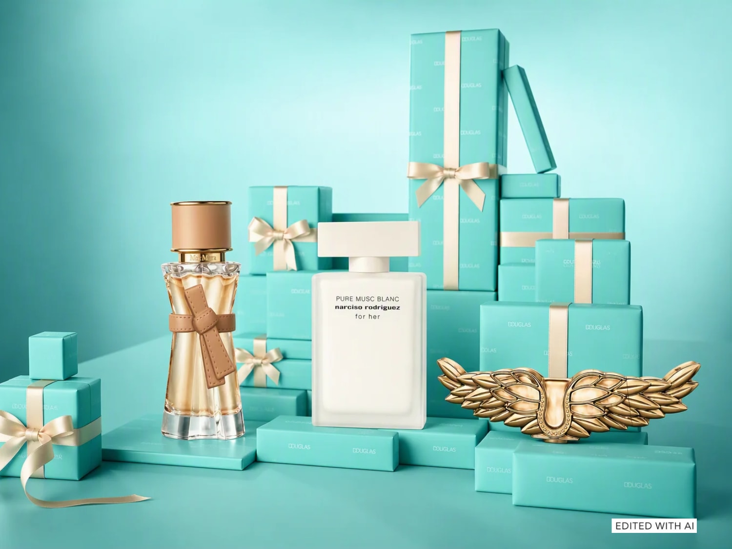 Una splendida selezione di profumi di lusso tra cui Max Mara e Narciso Rodriguez, circondati da eleganti scatole regalo turchesi con nastri dorati.