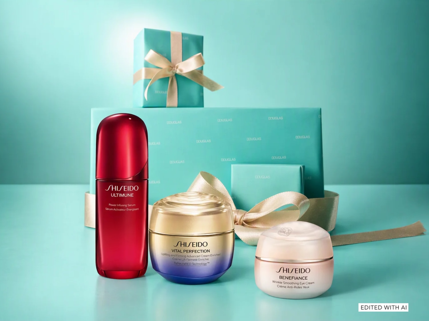 Scopri la selezione di trattamenti Shiseido con Ultimune Serum, Vital Perfection Cream e Benefiance Eye Cream disposti davanti a eleganti confezioni regalo turchesi, perfetti per la tua routine di bellezza.