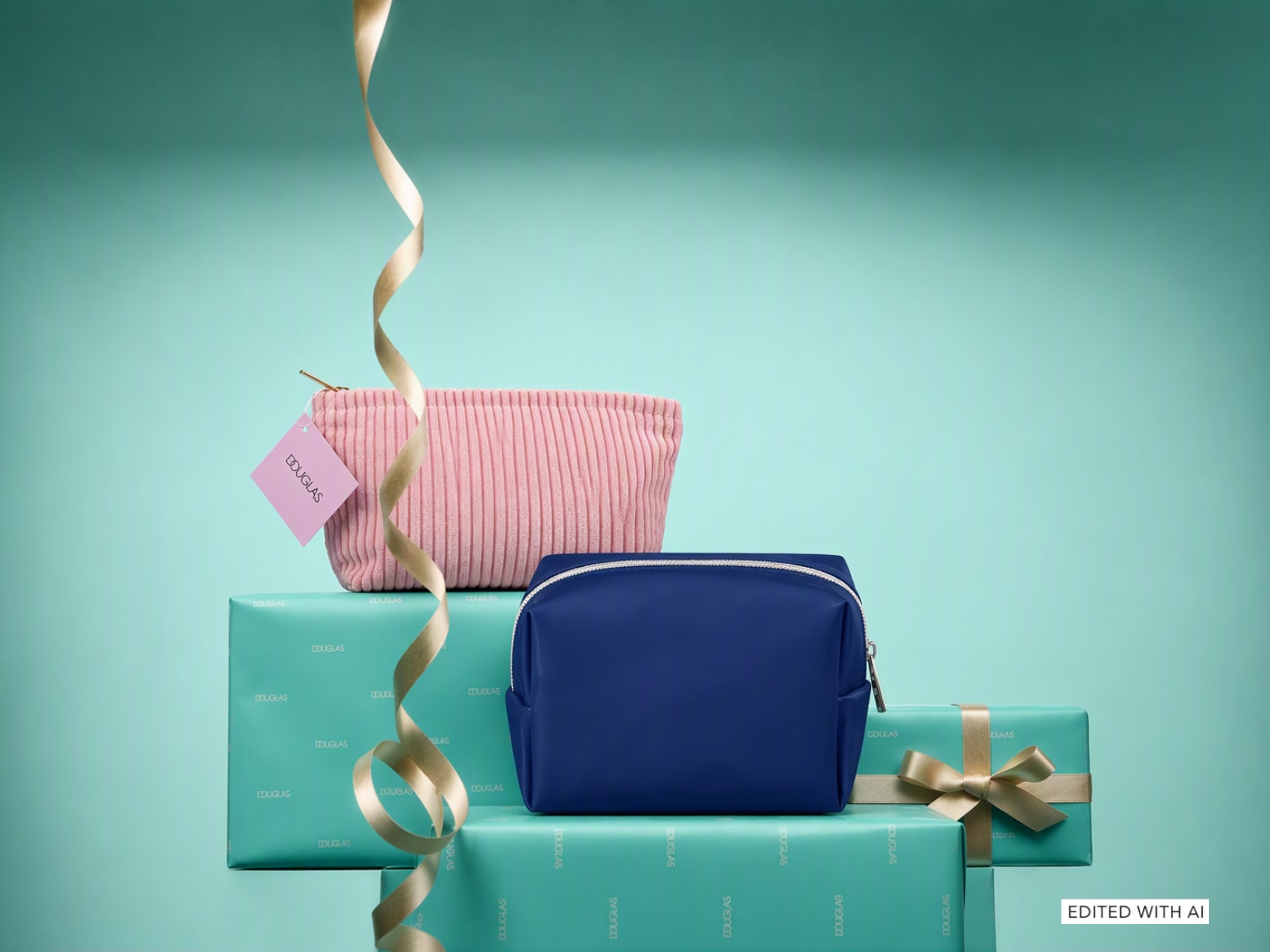 Una pochette rosa in velluto a coste e una blu in tessuto liscio sono esposte su pacchi regalo verde Tiffany con nastri dorati, pronte per essere acquistate. Approfitta delle offerte speciali e acquista ora il regalo perfetto.