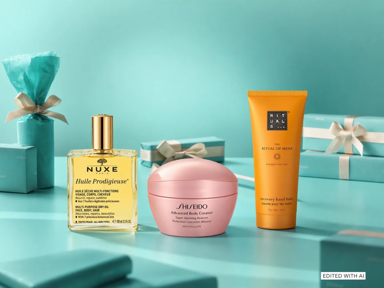 Tre prodotti di bellezza di marca sono disposti su una superficie turchese con confezioni regalo sullo sfondo, tra cui l'olio secco Nuxe Huile Prodigieuse in un flacone trasparente con erogatore dorato, la crema corpo Shiseido in un barattolo rosa metallizzato e il balsamo mani Rituals in un tubo arancione.