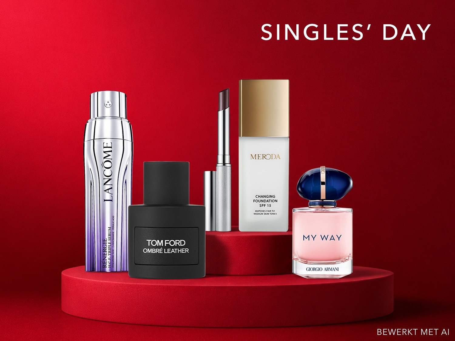 Vier diverse beautyproducten, waaronder Lancôme serum, Tom Ford parfum en Giorgio Armani My Way, gepresenteerd voor Singles' Day. Shop nu jouw favorieten!