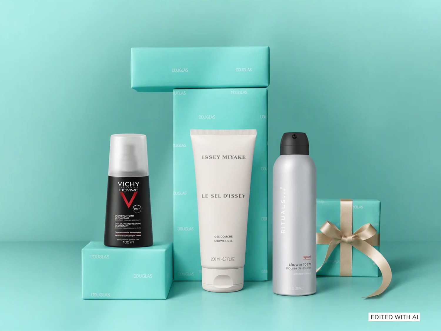 Una selezione di prodotti di bellezza da uomo, tra cui il deodorante Vichy Homme, il gel doccia Issey Miyake Le Sel d'Issey e la schiuma da doccia Rituals Sport, disposti elegantemente davanti a scatole regalo turchesi.