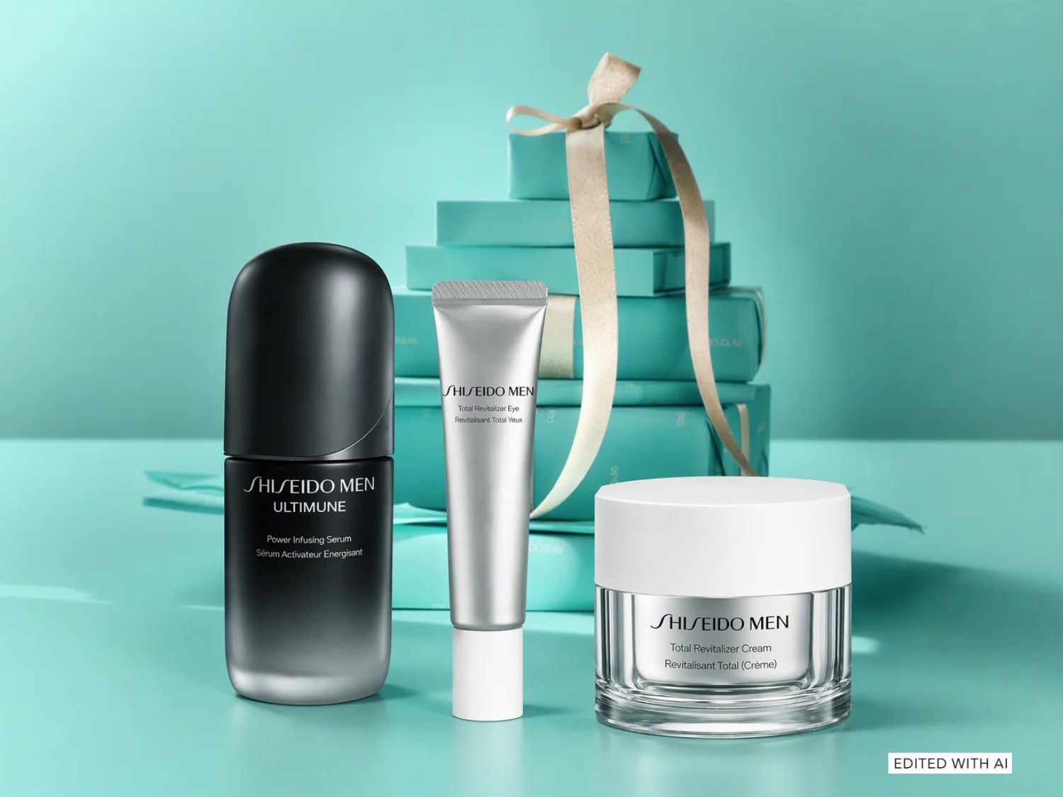 Scopri il set regalo Shiseido Men con il siero Ultimune in confezione nera sfumata, il contorno occhi Total Revitalizer in tubetto argento e la crema viso Total Revitalizer in giara di vetro con tappo bianco, disposti davanti a una pila di scatole azzurre.