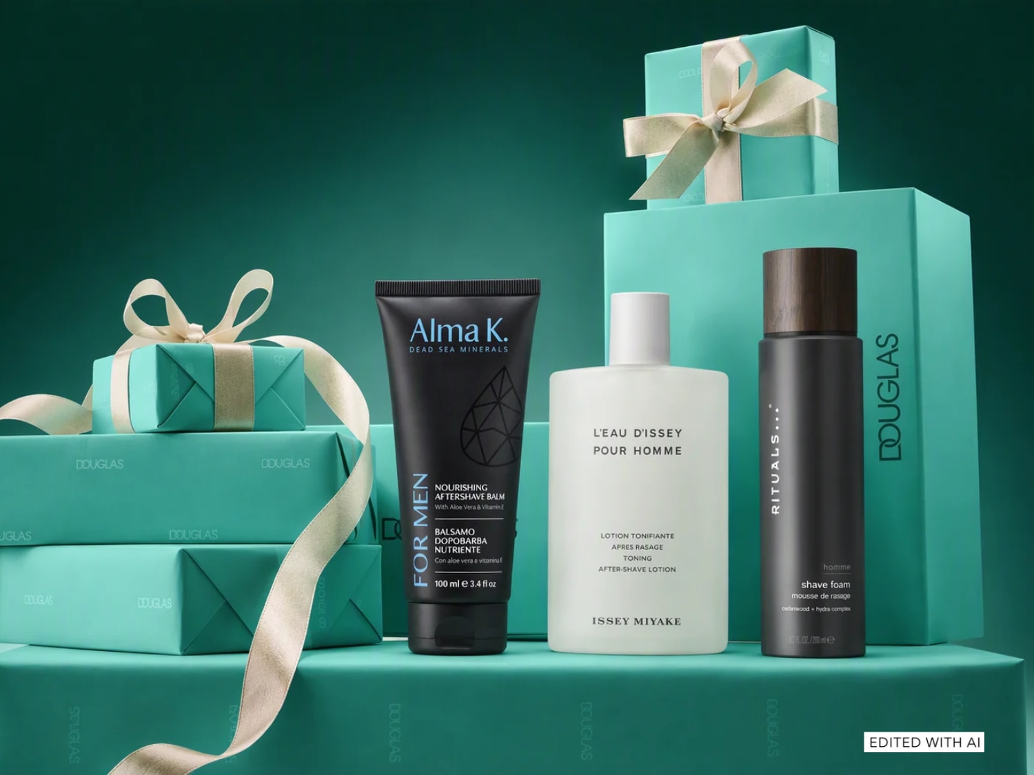 Tre prodotti da uomo per la cura della pelle, tra cui il balsamo dopobarba Alma K, la lozione tonificante Issey Miyake e la schiuma da barba Rituals, sono esposti davanti a eleganti pacchi regalo turchesi con nastri beige.