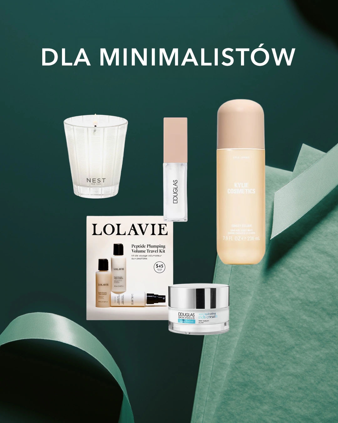 Zestaw minimalistycznych produktów kosmetycznych i zapachowych na tle w kolorze szałwiowej zieleni z białym napisem DLA MINIMALISTÓW u góry i wezwaniem do zakupów.