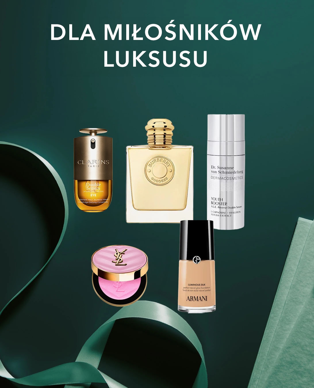 Ekskluzywna kolekcja luksusowych kosmetyków i perfum na ciemnozielonym tle z napisem Dla miłośników luksusu, idealna na elegancki prezent. Odkryj wyjątkowe produkty i zamów już teraz!