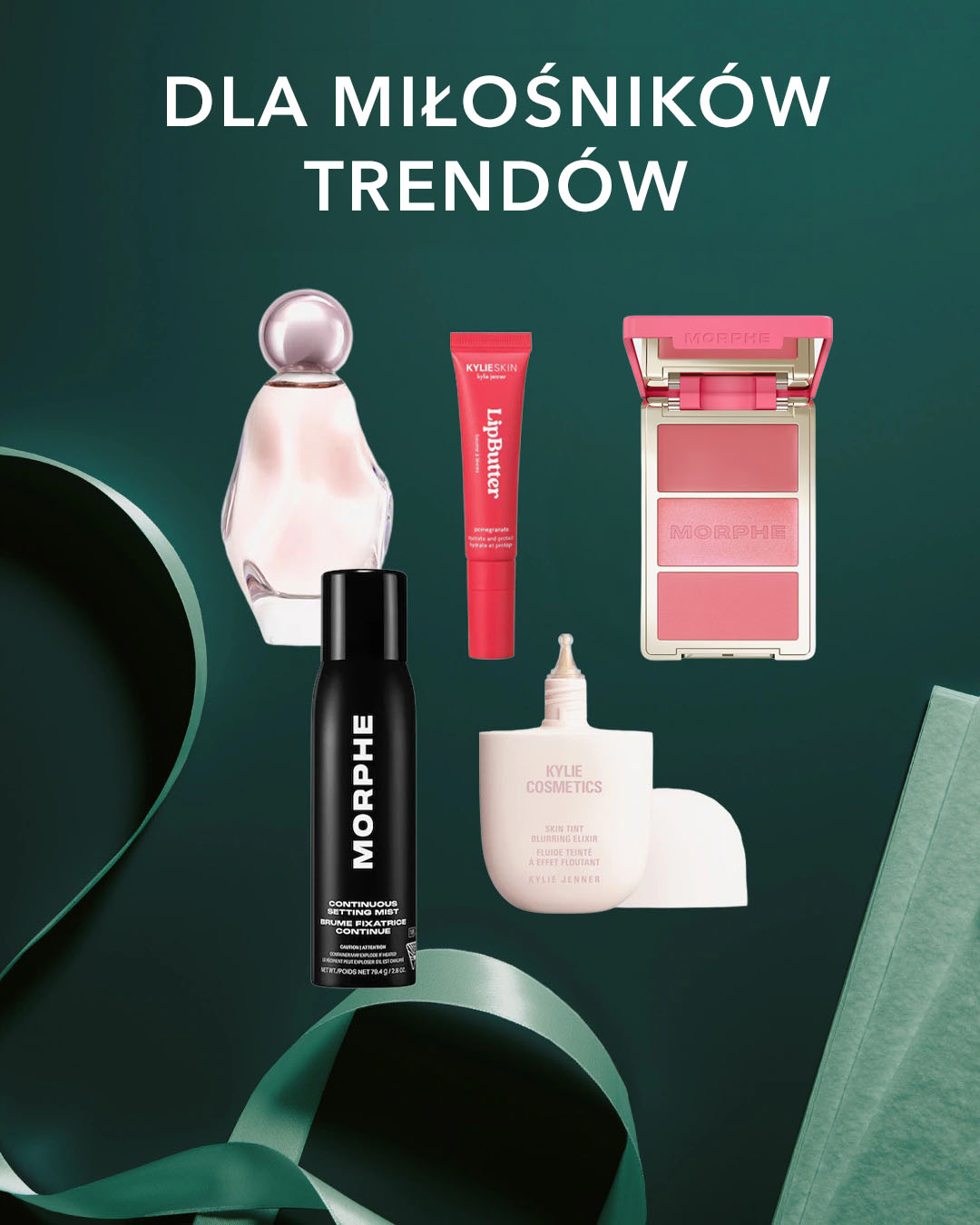 Zestaw modnych kosmetyków i perfum na zielonym tle z napisem dla miłośników trendów, odkryj nowości i zamów już teraz.