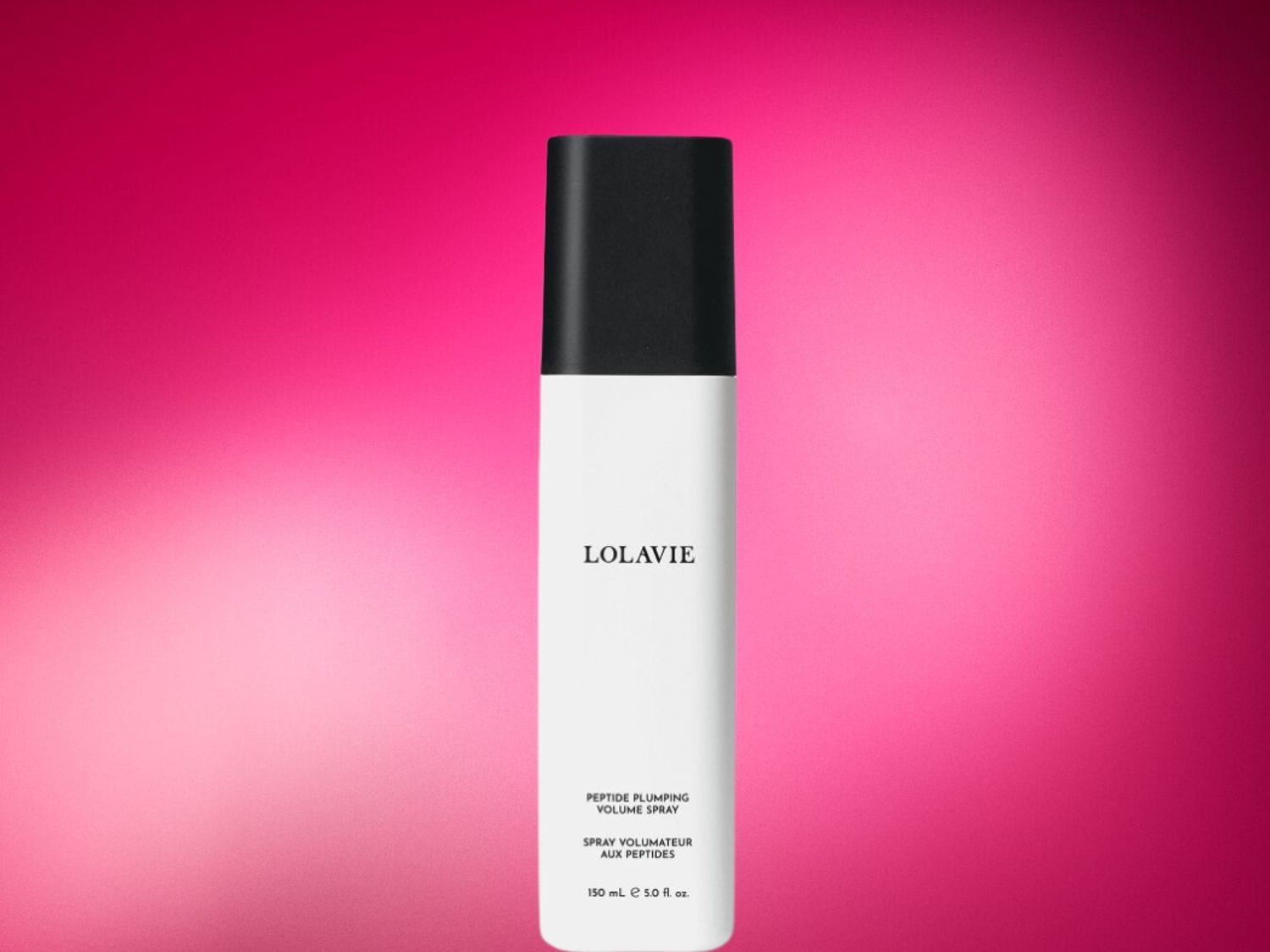 Bílý flakon s černým uzávěrem LOLAVIE Peptide Plumping Volume Spray o objemu 150 ml pro objem vlasů.