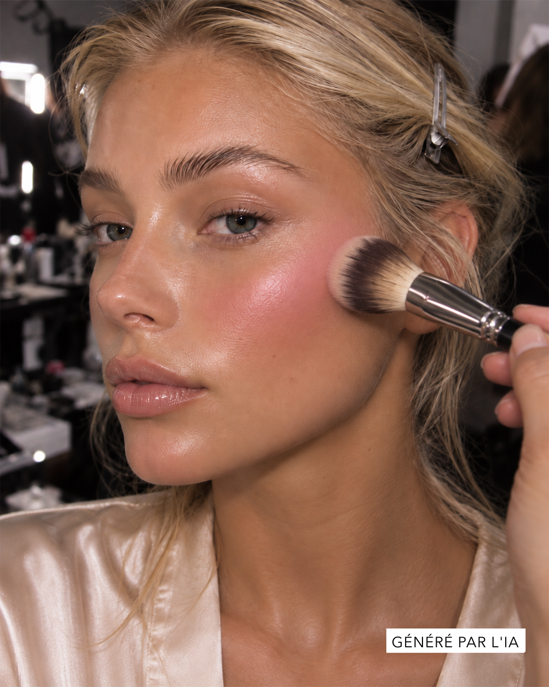 Une femme aux cheveux blonds et à la peau éclatante applique un blush rose sur sa joue droite avec un pinceau de maquillage, créant un look frais et lumineux.