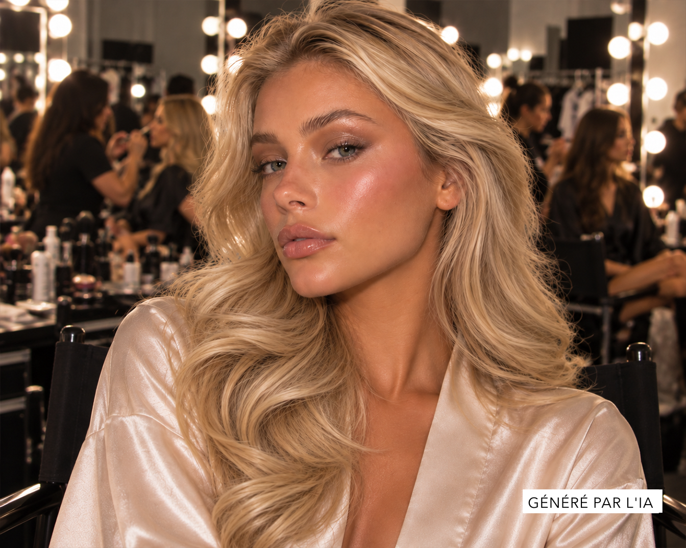 Une femme blonde aux cheveux ondulés et au maquillage éclatant, vêtue d'une robe de chambre en satin couleur champagne, pose dans un environnement de coulisses de maquillage, avec le texte "GÉNÉRÉ PAR L'IA" en bas à droite.