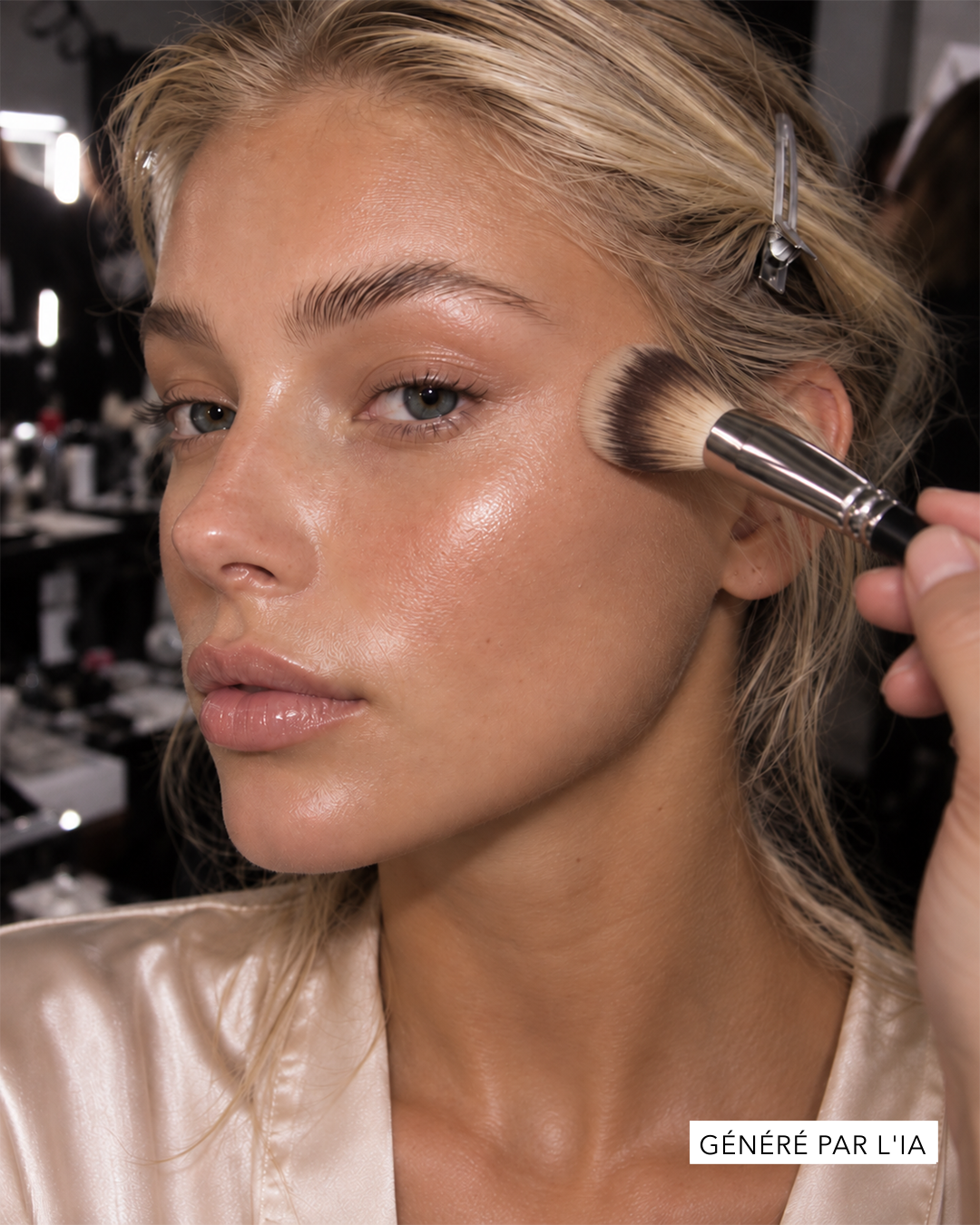 Une femme aux cheveux blonds et à la peau éclatante se fait appliquer du maquillage sur la joue droite avec un pinceau, vêtue d'une robe de chambre couleur champagne.