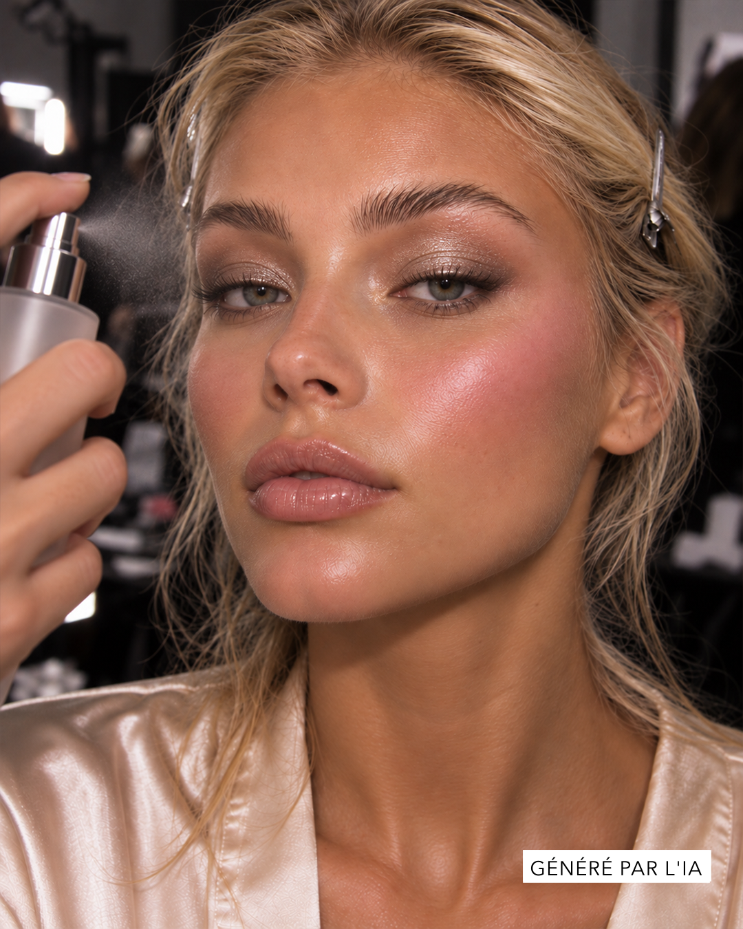 Une femme blonde aux yeux bleus, vêtue d'un peignoir en satin couleur champagne, vaporise un spray fixateur sur son visage maquillé, avec des fards à paupières irisés, un blush rosé et des lèvres glossy.