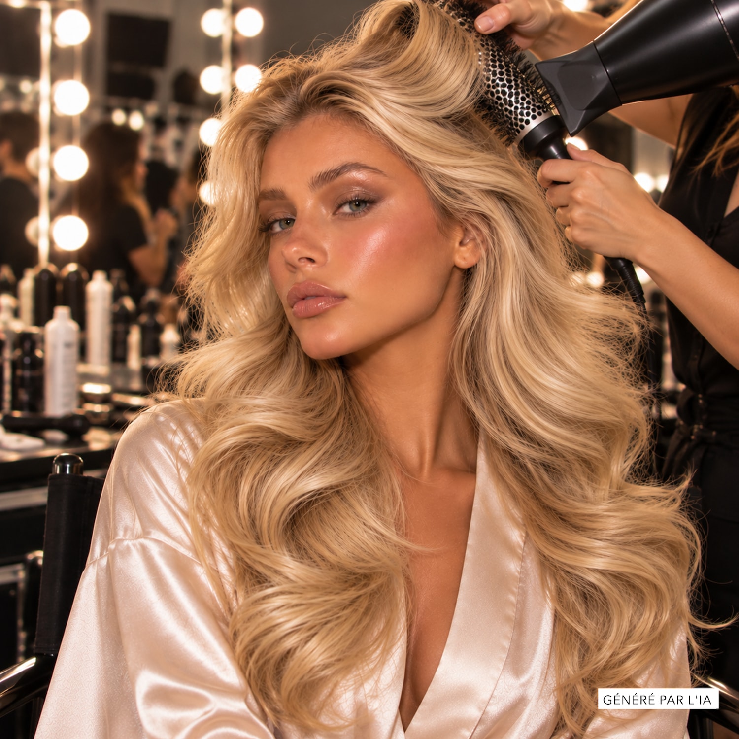 Une femme aux longs cheveux blonds ondulés, vêtue d'une robe de chambre en satin couleur champagne, se fait coiffer par un sèche-cheveux et une brosse ronde, dans un salon de coiffure avec des miroirs éclairés.