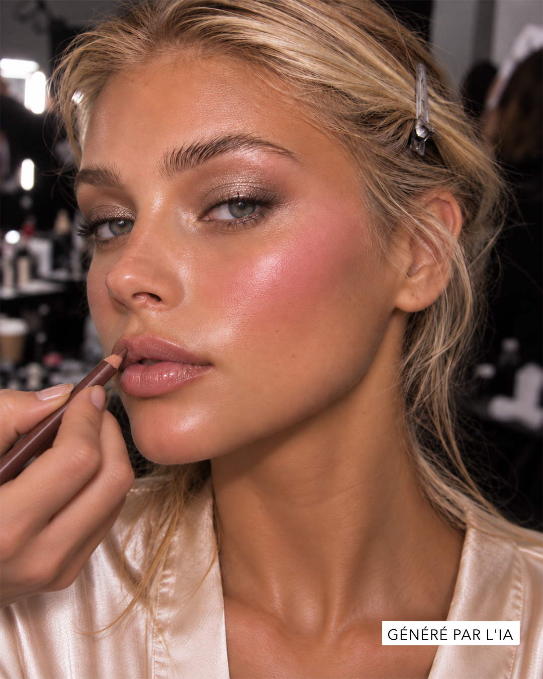 Une femme aux cheveux blonds et à la peau bronzée se fait appliquer un crayon à lèvres marron clair, avec un fard à paupières scintillant et un blush rose sur les joues.