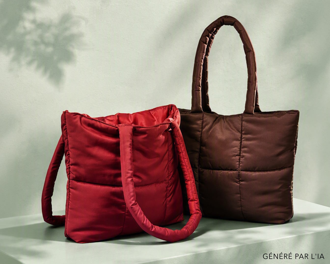 Deux sacs matelassés, un rouge et un marron, sont posés sur une surface claire, avec des ombres de feuilles en arrière-plan.