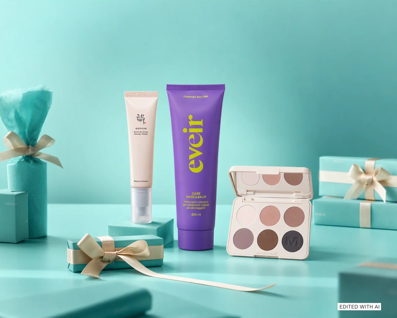 Scopri la selezione di prodotti di bellezza tra cui un siero occhi, una maschera per capelli viola e una palette di ombretti neutri, perfetti come idea regalo.