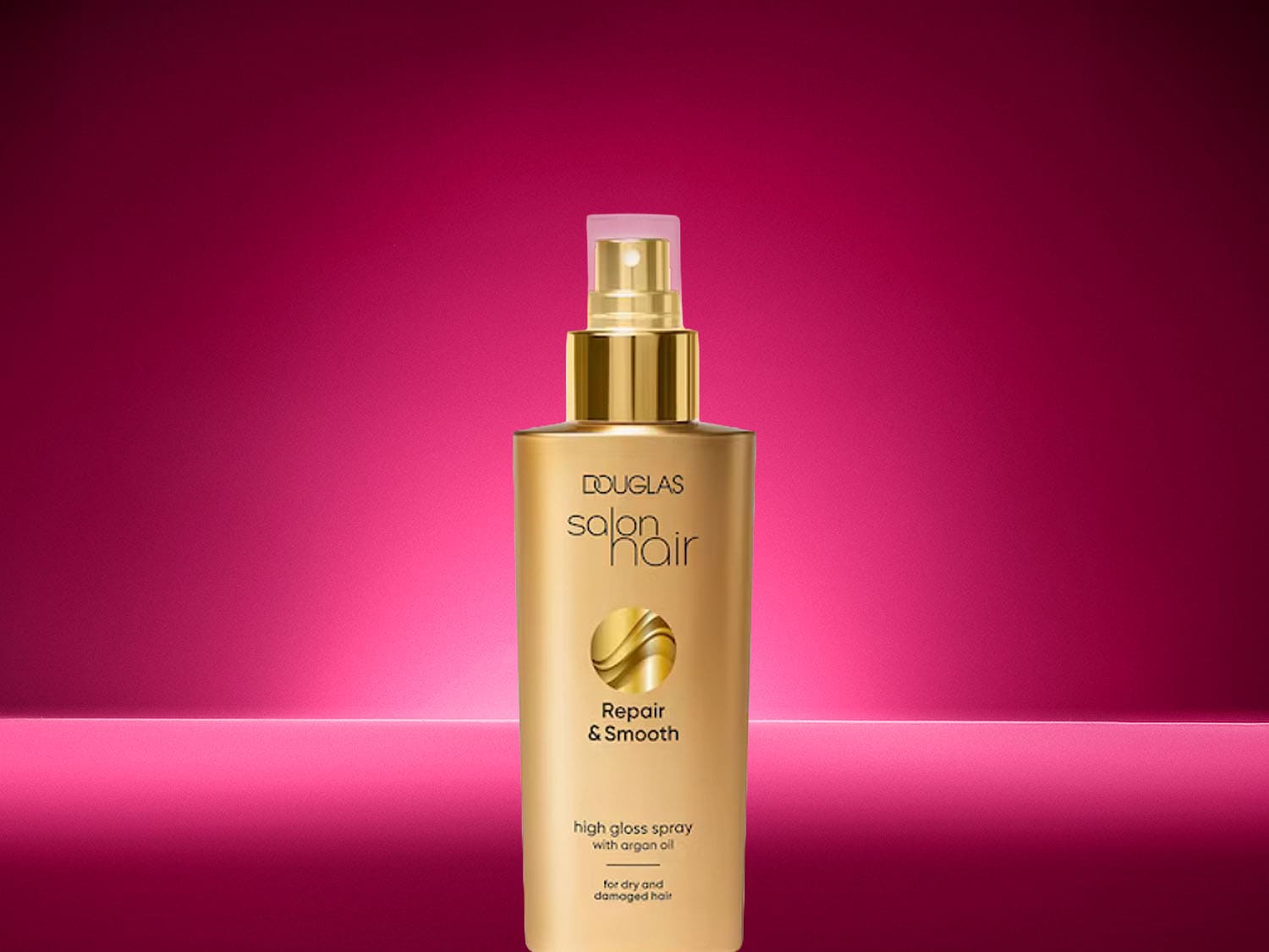 Entdecken Sie das goldene Douglas Salon Hair Repair & Smooth High Gloss Spray mit Arganöl für trockenes und strapaziertes Haar, perfekt für sofortigen Glanz und Pflege.